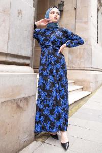 Modalamelif Gül Baskılı Kuşak Kemerli Elbise Saks Mavisi