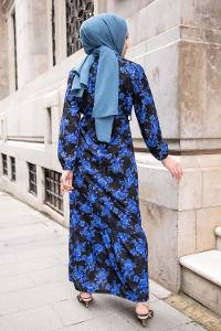 Modalamelif Gül Baskılı Kuşak Kemerli Elbise Saks Mavisi