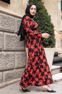 Modalamelif Gül Baskılı Kuşak Kemerli Elbise Kırmızı