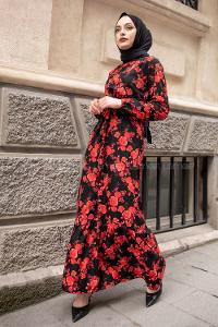 Modalamelif Gül Baskılı Kuşak Kemerli Elbise Kırmızı