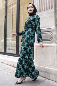 Modalamelif Gül Baskılı Kuşak Kemerli Elbise Yeşil