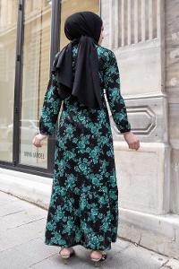 Modalamelif Gül Baskılı Kuşak Kemerli Elbise Yeşil