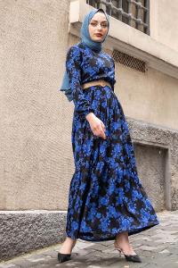 Modalamelif Hasır Kemerli Gül Desen Elbise Saks Mavisi