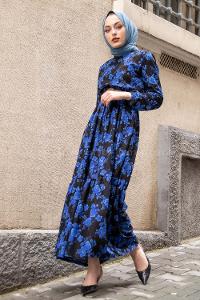 Modalamelif Hasır Kemerli Gül Desen Elbise Saks Mavisi