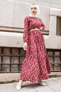 Modalamelif Hasır Kemerli Minimal Papatya Elbise Bordo