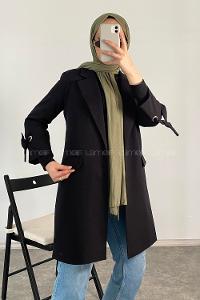 Modalamelif Kol  Bağlamalı Uzun Ceket Siyah