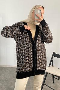 Modalamelif Kol Garnili Desenli Hırka Siyah Kahve