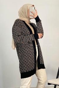 Modalamelif Kol Garnili Desenli Hırka Siyah Kahve