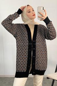Modalamelif Kol Garnili Desenli Hırka Siyah Kahve
