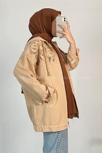 Modalamelif Nakış Detaylı Kapşonlu Gabardin Ceket Bej