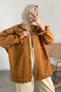 Modalamelif Nakış Detaylı Kapşonlu Gabardin Ceket Camel