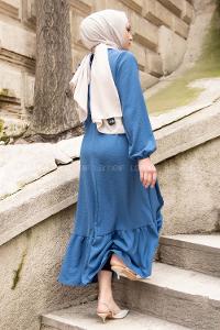 Modalamelif Omuz Fırfırlı Kuşaklı Elbise İndigo