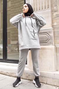 Modalamelif Tek Cepli Kapşonlu İkili Takım Gri