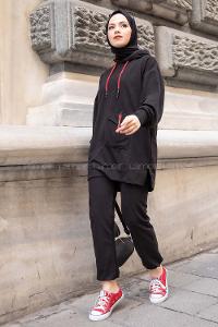 Modalamelif Tek Cepli Kapşonlu İkili Takım Siyah