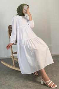 Modalamelif Yaka Dantelli Elbise Beyaz