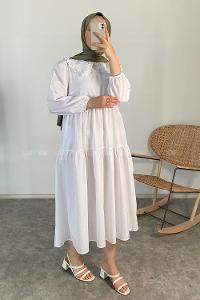 Modalamelif Yaka Dantelli Elbise Beyaz