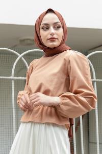 Camel Cotton Fabric Crew Neck Without Accessories Unprinted Long Arm Blouse