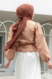 Camel Cotton Fabric Crew Neck Without Accessories Unprinted Long Arm Blouse