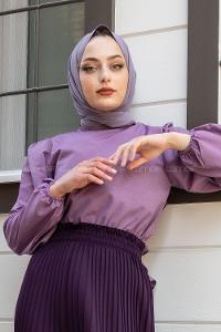 Modalamelif Bel Lastikli Balon Kol Bluz Eflatun