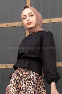 Lamelif Bel Lastikli Balon Kol Bluz Siyah