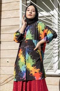 Modalamelif Soyut Desen Dijital Baskı Gömlek Siyah Yeşil