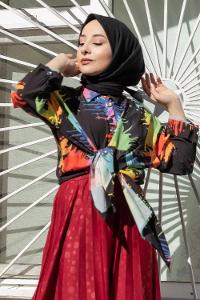 Modalamelif Soyut Desen Dijital Baskı Gömlek Siyah Yeşil