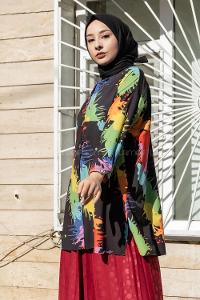 Modalamelif Soyut Desen Dijital Baskı Gömlek Siyah Yeşil