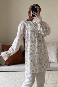 Modalamelif Hakim Yaka Dantel Detaylı Tunik Vizonrengi