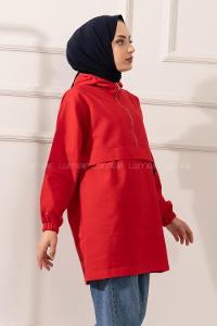 Modalamelif Kanguru Cep Yarım Fermuarlı Tunik Kırmızı