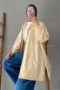 Lamelif Önü Fermuarlı Kapüşonlu Hırka Krem