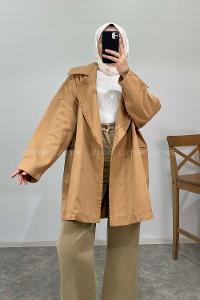Modalamelif Arka Sırt Baskılı Oversize Ceket Camel