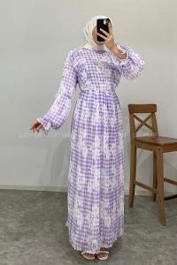 Modalamelif Ekose Desenli Astarlı Şifon Elbise Lila