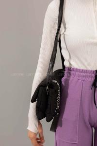 Modalamelif Kabartmalı Puf Kumaş Üç Gözlü Çanta Siyah