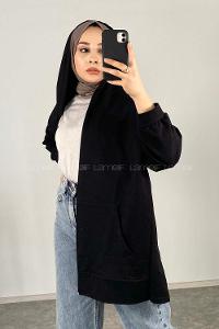 Lamelif Önü Fermuarlı Kapüşonlu Hırka Siyah