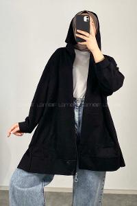 Lamelif Önü Fermuarlı Kapüşonlu Hırka Siyah