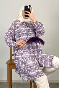 Modalamelif Soyut  Desen Dijital Baskı Gömlek Mor