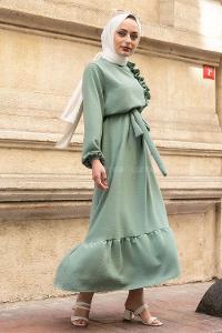 Modalamelif Omuz Fırfırlı Kuşaklı Elbise Çağla Yeşili