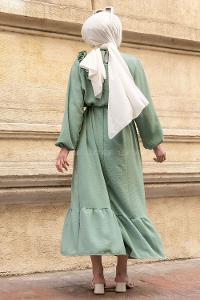 Modalamelif Omuz Fırfırlı Kuşaklı Elbise Çağla Yeşili