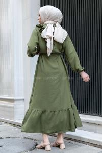 Modalamelif Omuz Fırfırlı Kuşaklı Elbise Haki