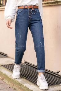 Modalamelif Ön Düğmeli  Tırnaklı Mom Jean Mavi