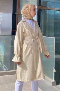 Lamelif Kol Lastikli Belden Bağlamalı Trenç Taş