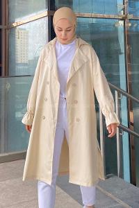 Lamelif Kol Lastikli Belden Bağlamalı Trenç Taş