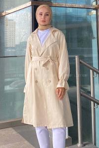 Lamelif Kol Lastikli Belden Bağlamalı Trenç Taş