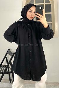 Modalamelif Büzgülü Salaş Gömlek Siyah