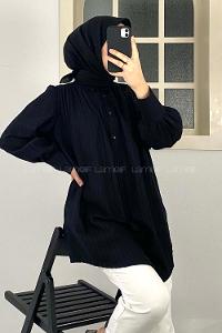 Modalamelif Büzgülü Salaş Gömlek Siyah