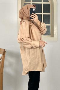 Modalamelif Büzgülü Salaş Gömlek Sütlü Kahve