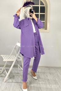 Modalamelif Etek Ucu Püsküllü Ceket Pantolon Takım Eflatun