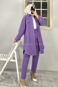 Modalamelif Etek Ucu Püsküllü Ceket Pantolon Takım Eflatun