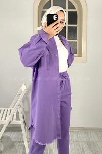 Modalamelif Etek Ucu Püsküllü Ceket Pantolon Takım Eflatun