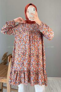 Modalamelif Çiçek Desen Eteği Fırfırlı Tunik Kiremit
